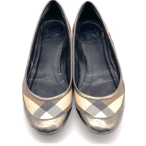 BURBERRY NOVA CHECK PEWTER GUNMETAL SILVER LEATHER BALLET FLAT SHOES 39.5 / 8.5 - Picture 2 of 7